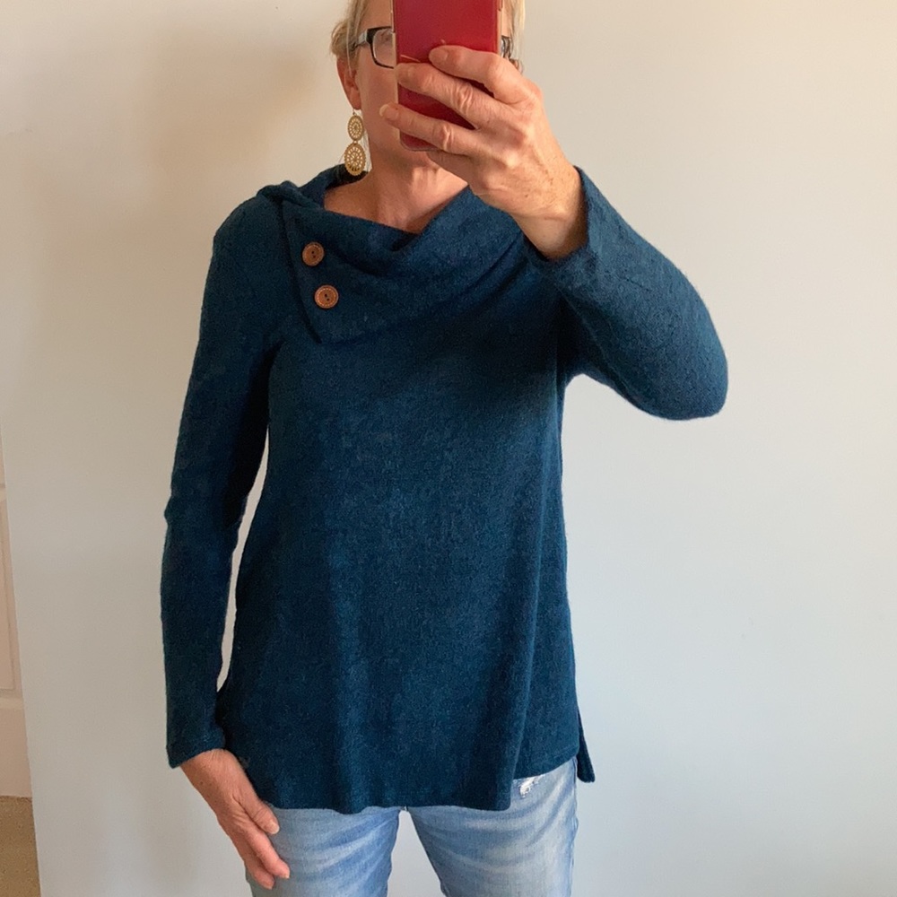 Blue Cowl, Button Neck Sweater - Picture 5 of 7